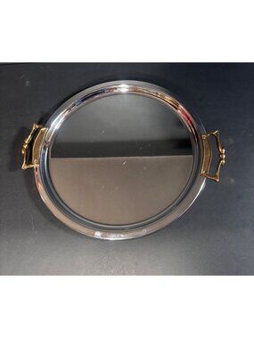 Kromex Chrome Plated Round Serving Tray With Gold Handles Vintage 50s